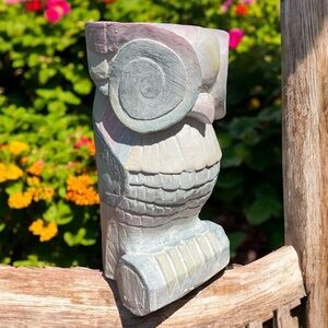 Vintage hand carved wooden owl, stylized, lots of detail